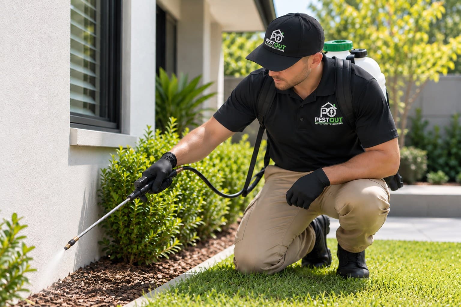 Pest Out technician treating a garden bed along a home's foundation